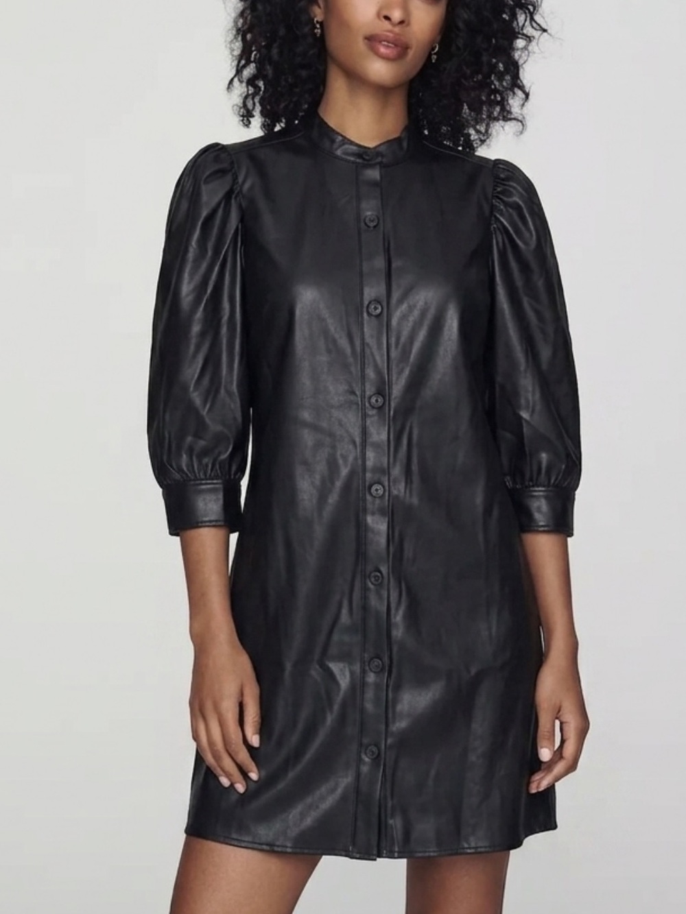 GAP Black Faux Leather Puff Sleeve Shirtdress Size Small Button Front Dress